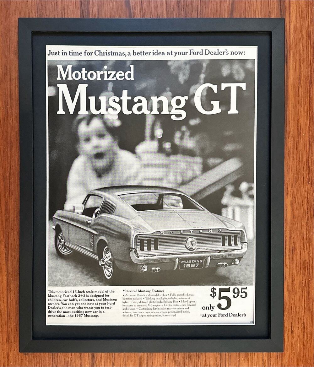 Framed 1966 Ford Mustang GT Motorized Model Toy Car Original Magazine Ad